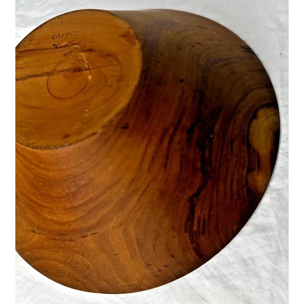 Handmade Burl Grain Cherry Wood Bowl Signed Farmhouse Decor Accent
